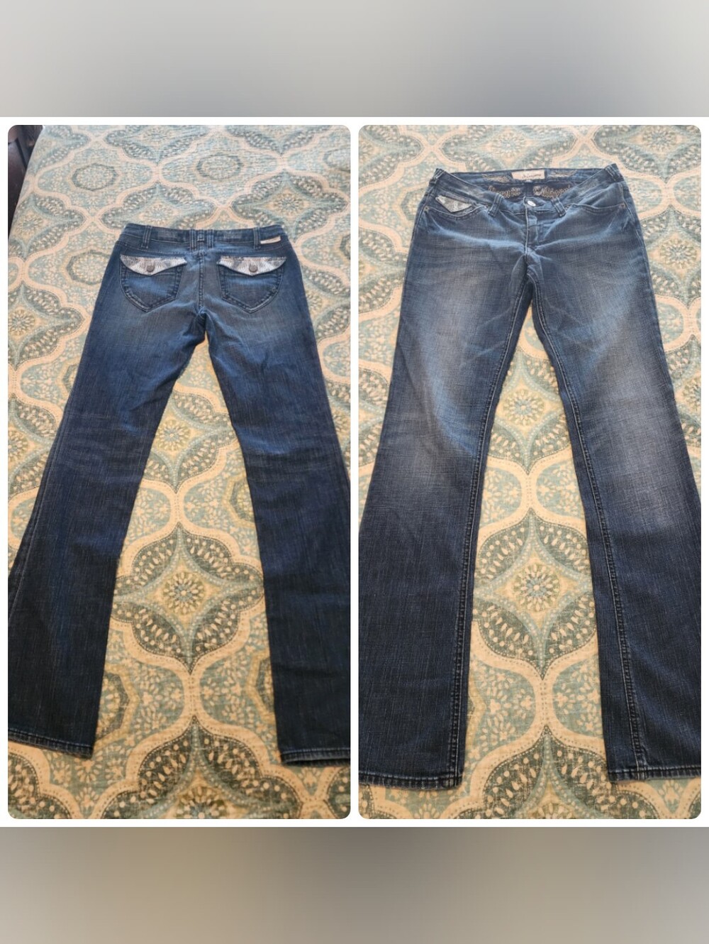 Y2k Vtg Low Rise Bootcut Jeans Camo Bling Flap Pocket Indigo